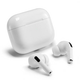 White wireless earbuds with charging case on a white background. Front view of the open Apple Air-Pods 3rd Generation true wireless earbuds charging case, showcasing the glossy white open-ear earbuds with short stems on a white background.
