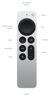 Front view of the Apple Siri Remote for Apple TV 4K 3rd Generation, showcasing the aluminum body, touch-enabled click-pad, and dedicated Siri button.