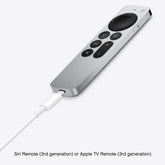Front view of the Apple Siri Remote 3rd Generation with USB-C, showcasing its premium silver aluminum body, touch-enabled clic-kpad, and black button layout on a white background.