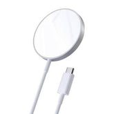 Apple Mag-Safe charging White circular device with a USB-C connector on a white background