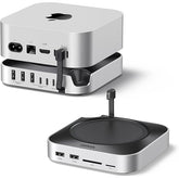Two docking stations with multiple ports on a white background. Front view of the redesigned ultra-compact Apple Mac mini with M4 chip, showcasing two front-facing USB-C ports, a headphone jack, and a sleek silver aluminum enclosure on a white background.