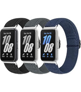 Samsung Galaxy Fit 3-AMOLED Fitness Tracker. Three smartwatches with different colored straps on a white background