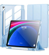 Front and back view of Samsung Galaxy Tab S10 FE 10.9-inch tablet showing its immersive display and sleek aluminum back panel with a single camera on a white background.