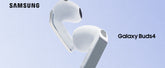 Person wearing white Samsung Galaxy Buds4 wireless earbuds during a workout, showing secure fit and sleek design.