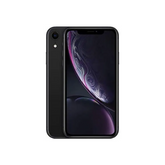 An iPhone XR in black color, showcasing the front screen and the back camera and Apple logo.