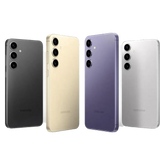 Four Samsung S24 smartphones in black, gold, purple, and silver on a white background