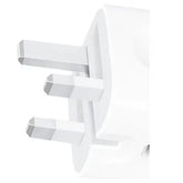 White office chair with a minimalist design on a white background. Front view of the official Apple 20W USB-C power adapter, showcasing the minimalist white square block design with a single high-speed USB-C charging port.