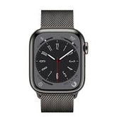 Front view of Apple Watch Series 8 featuring an Always-On Retina display with an active fitness tracking watch face, isolated on a white background.