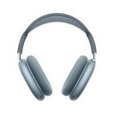 Pair of blue headphones on a white background. Front angled view of the premium Apple Air-Pods Max wireless over-ear headphones, featuring acoustic memory foam ear cushions and a breathable knit mesh canopy on a white background.