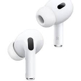 White wireless earbuds with black accents on a white background. Front view of the open Apple Air-Pods Pro 2nd Generation with Mag-Safe USB-C charging case, showcasing the premium true wireless earbuds with silicone ear tips on a white background.