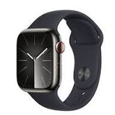 Smartwatch with a black band on a white background. Front angled view of the Apple Watch Series 9 GPS plus LTE model, featuring an expansive Always-On Retina display and a premium aluminum case on a clean background.