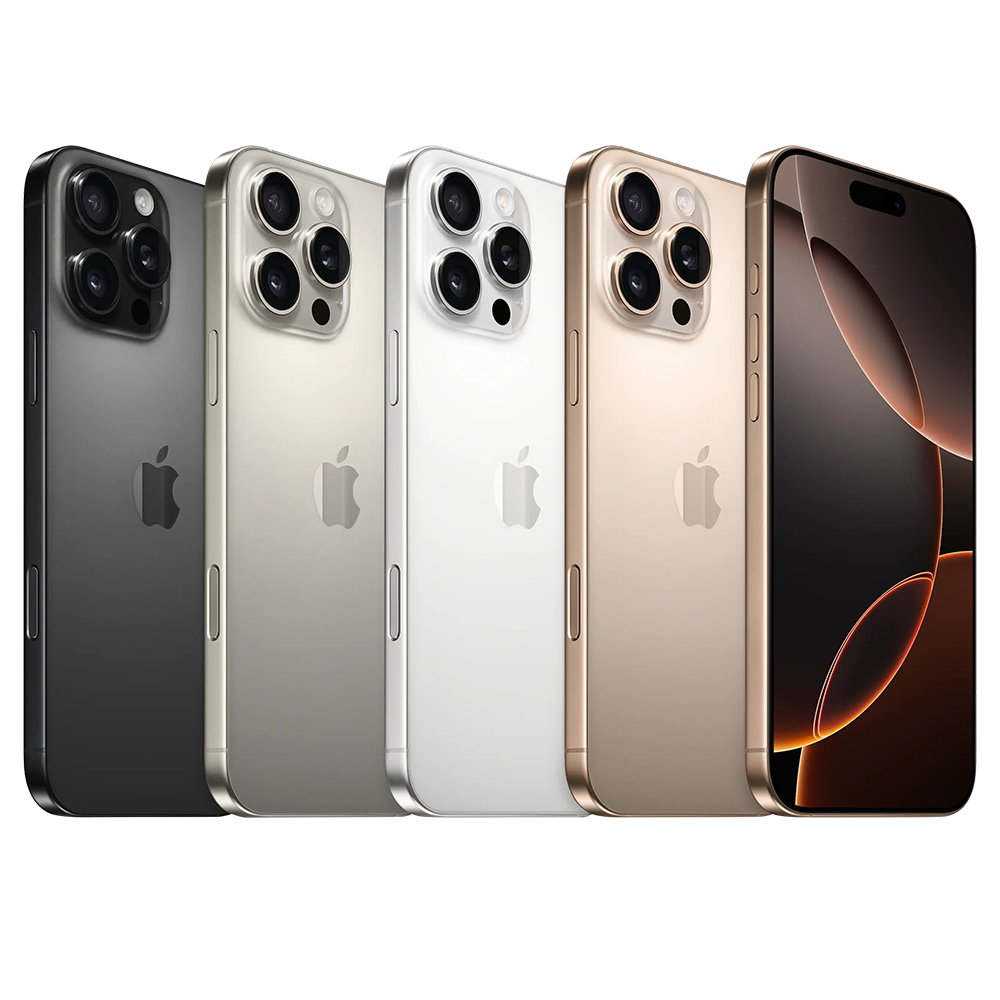 Five Apple iPhones in different colors on a white background. Front and back view of the Apple iPhone 16 Pro Max, showcasing the massive Super Retina XDR display with ultra-thin bezels and the premium matte glass back paired with a titanium frame.