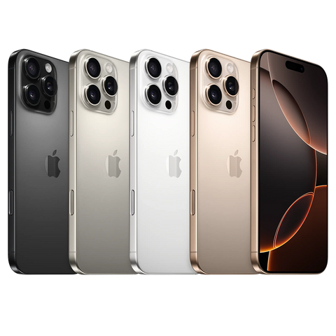 Five Apple iPhones in different colors on a white background. Front and back view of the Apple iPhone 16 Pro Max, showcasing the massive Super Retina XDR display with ultra-thin bezels and the premium matte glass back paired with a titanium frame.