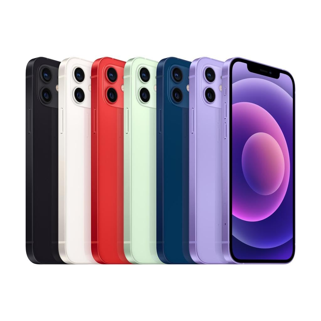 Row of smartphones iphone 12 in various colors with a front screen on a white background