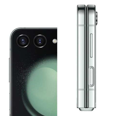 Combined back and side view of Galaxy Z Flip 5, displaying its expansive outer screen interface alongside its compact, zero-gap uniform thickness when completely closed.