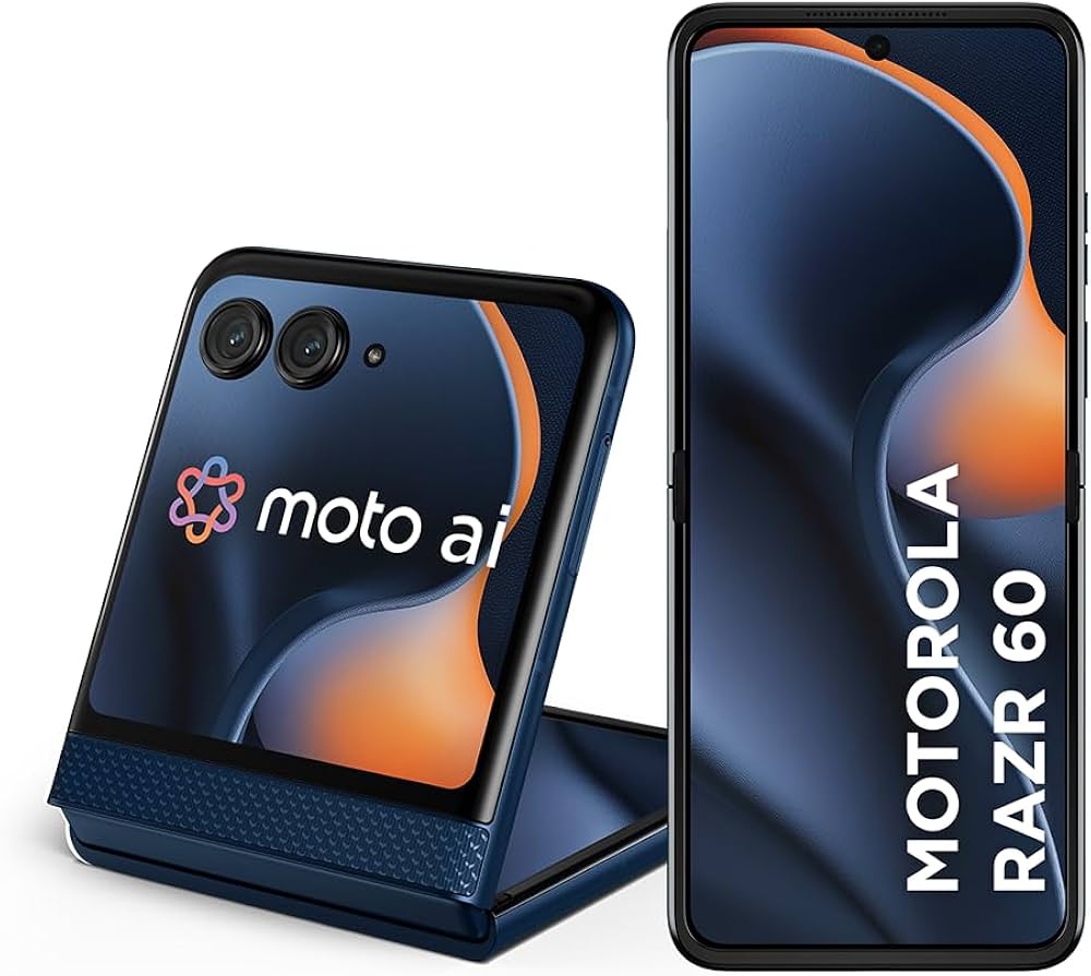 Combo view of Motorola Razr60 5G, displaying the fully open 6.9-inch OLED screen alongside its ultra-thin side profile and volume controls.