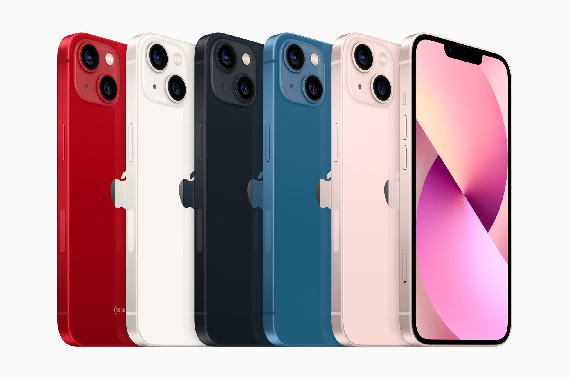 Row of smartphones in various colors on a white background. Front and back view of the compact Apple iPhone 13 Mini, showcasing the bright Super Retina XDR display with a smaller notch and the sleek glossy glass back panel.