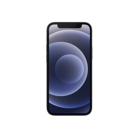 Black iPhone 12 with blue abstract wallpaper, front view on white background
