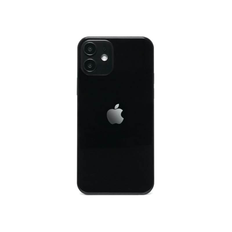 Black iPhone with dual camera and Apple logo, sleek design for mobile use