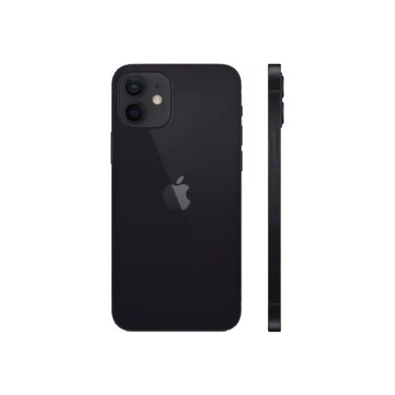 Black iPhone 12 with dual camera, sleek design, Apple logo visible, side profile shown