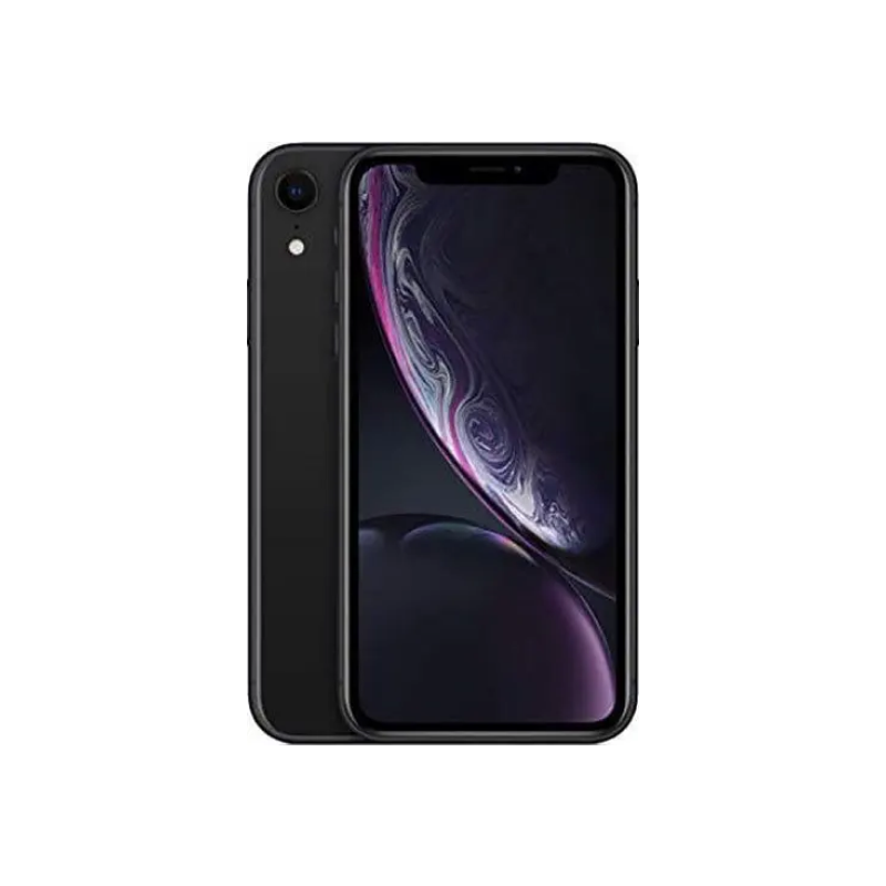 An iPhone XR in black color, showcasing the front screen and the back camera and Apple logo.