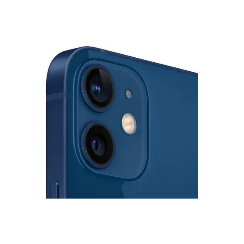 Blue iPhone 12 rear camera close-up, dual lenses and flash on sleek design