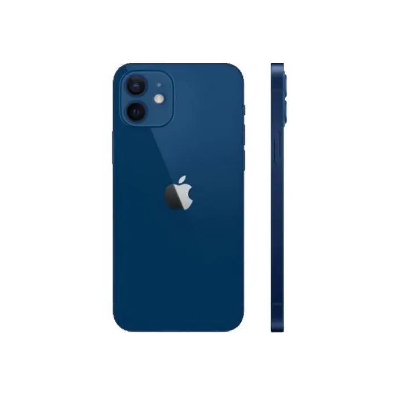 Blue iPhone 12 with dual camera, sleek design, Apple logo visible, side profile shown