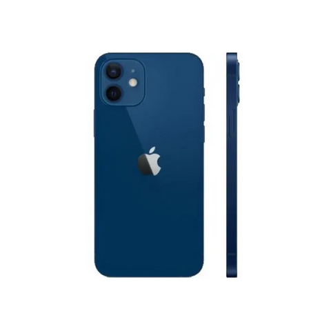 Blue iPhone 12 with dual camera, sleek design, Apple logo visible, side profile shown