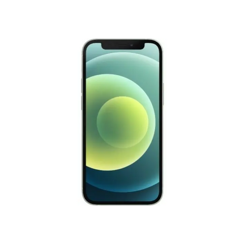 iPhone 12 with green and blue abstract wallpaper, sleek design, front view