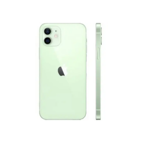 Green iPhone 12 with dual camera, sleek design, Apple logo visible, side view showing buttons