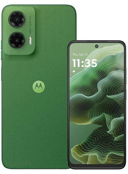 Front and back view of Motorola Moto G35 5G smartphone featuring a large punch-hole display and a stylish rear camera module on a clean background.