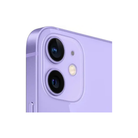 Purple iPhone 12 rear camera close-up with dual lenses and flash