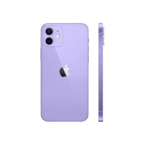 Purple iPhone 12 with dual camera, sleek design, Apple logo visible on back