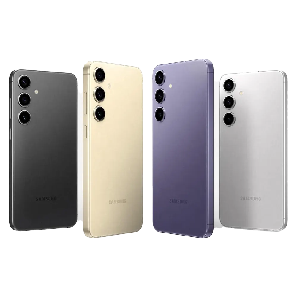 Four Samsung S24 smartphones in black, gold, purple, and silver on a white background