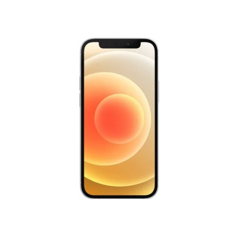 iPhone 12 with vibrant orange and yellow abstract wallpaper on display