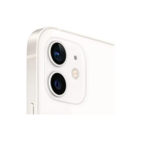 White iPhone 12 rear camera close-up with dual lenses and flash
