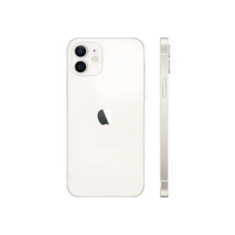 White iPhone 12 with dual camera, sleek design, Apple logo visible, side view showing buttons