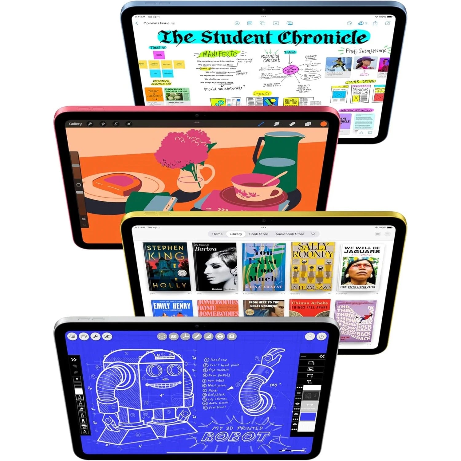Multiple tablets displaying different screens on a white background. Side profile view of the ultra-slim 11-inch Apple iPad Air M3 Wi-Fi tablet, showing the magnetic charging strip for Apple Pencil on its premium aluminum edge.