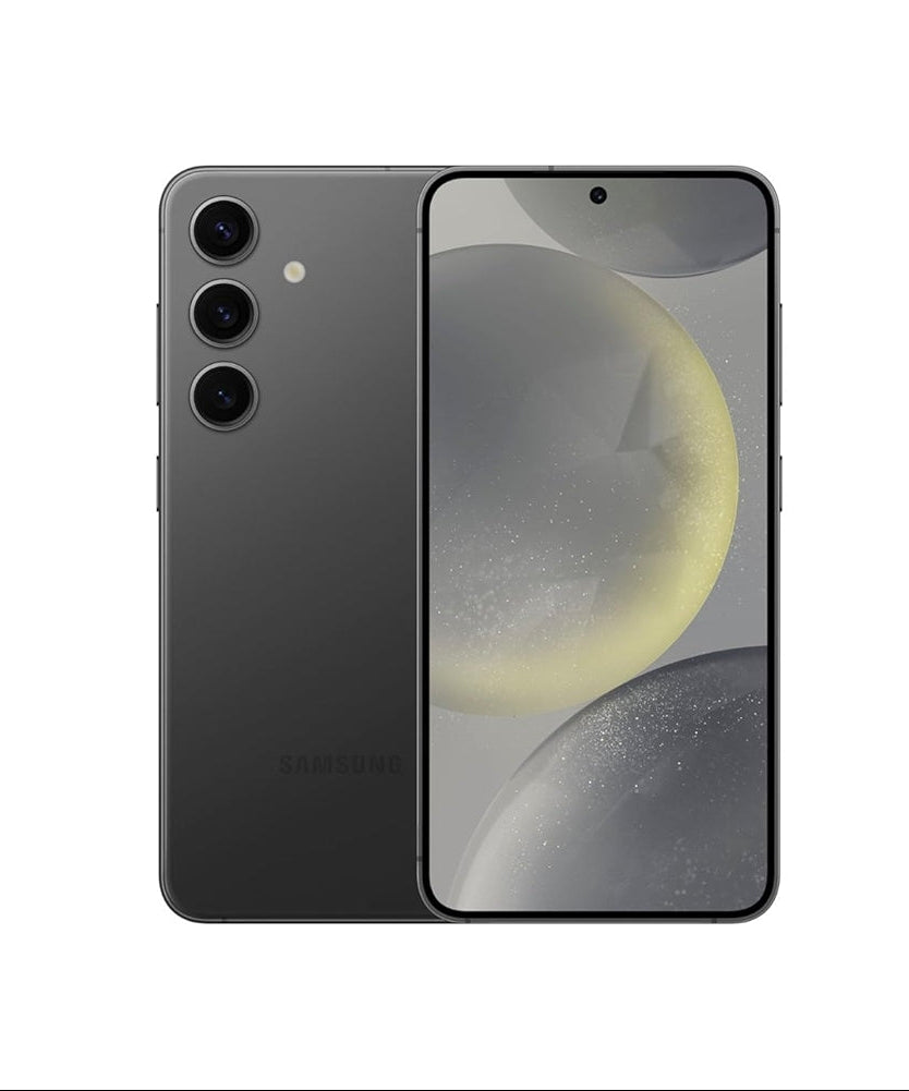 Front and back view of the Samsung Galaxy S24 Plus, showcasing the sharp QHD+ flat display with ultra-narrow uniform bezels and the minimalist satin-finish rear glass panel.
