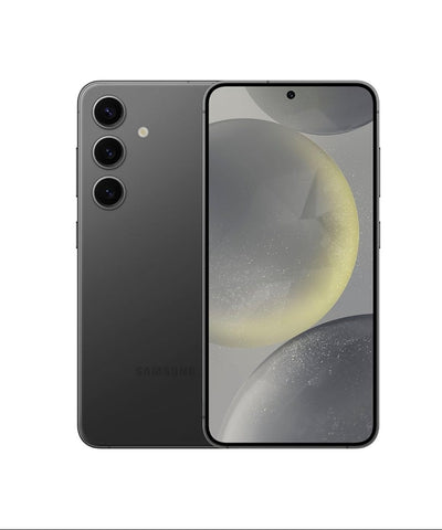 Front and back view of the Samsung Galaxy S24 Plus, showcasing the sharp QHD+ flat display with ultra-narrow uniform bezels and the minimalist satin-finish rear glass panel.
