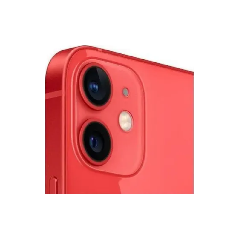 Red iPhone 12 with dual camera lenses and flash, sleek design for mobile photography
