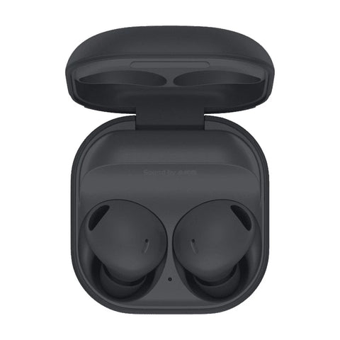 Front view of an open Galaxy Buds 2 charging case, showcasing the dual-tone design with a white exterior shell and a coloured interior nesting the two glossy earbuds.